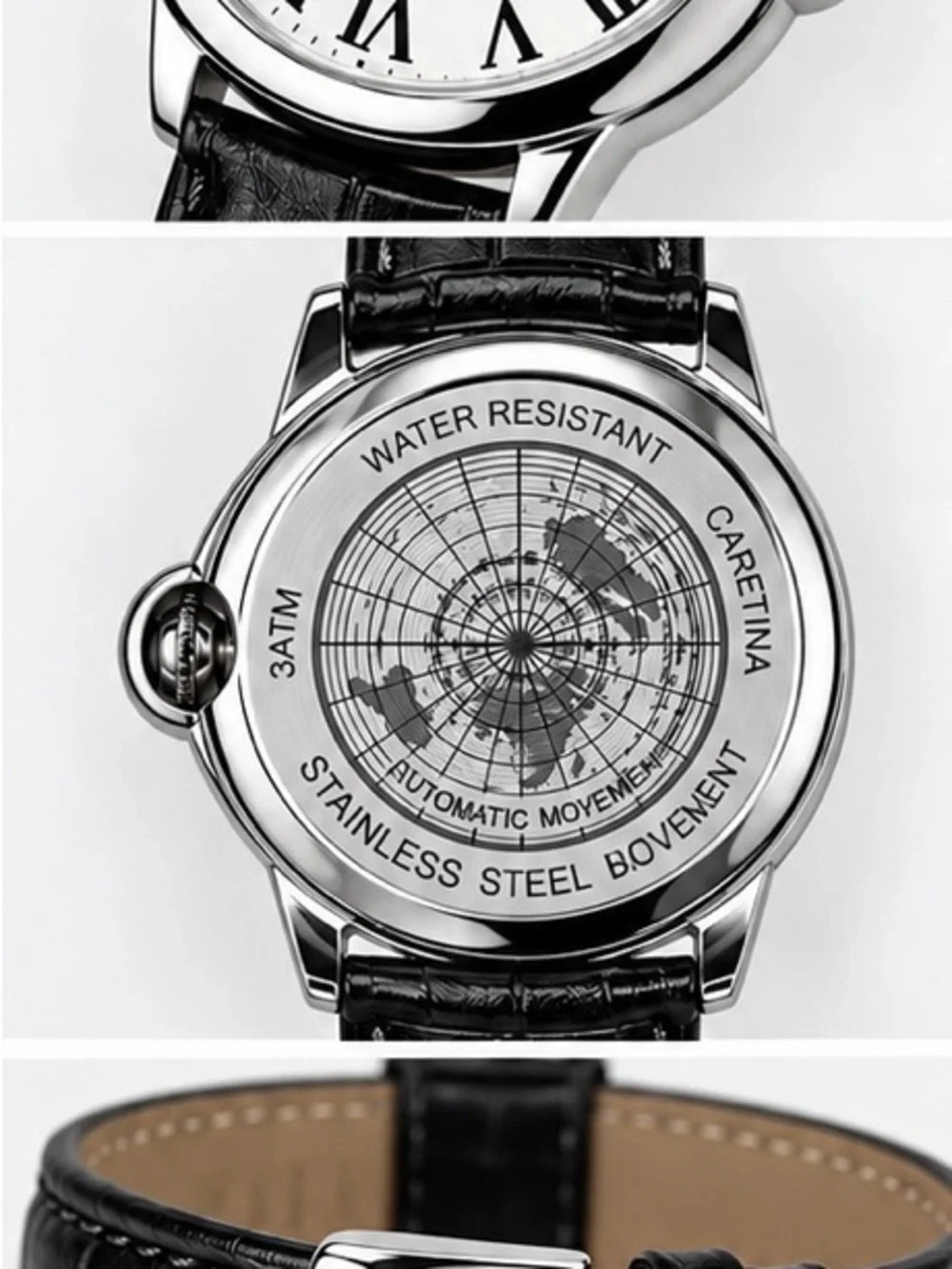 Men's Black Leather Strap Silver Case Watch - White Dial